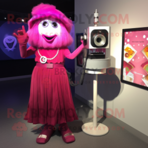 Magenta Camera mascot costume character dressed with a Cocktail Dress and Cummerbunds