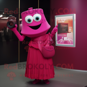 Magenta Camera mascot costume character dressed with a Cocktail Dress and Cummerbunds
