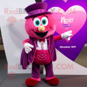 Magenta Heart mascot costume character dressed with a Waistcoat and Suspenders