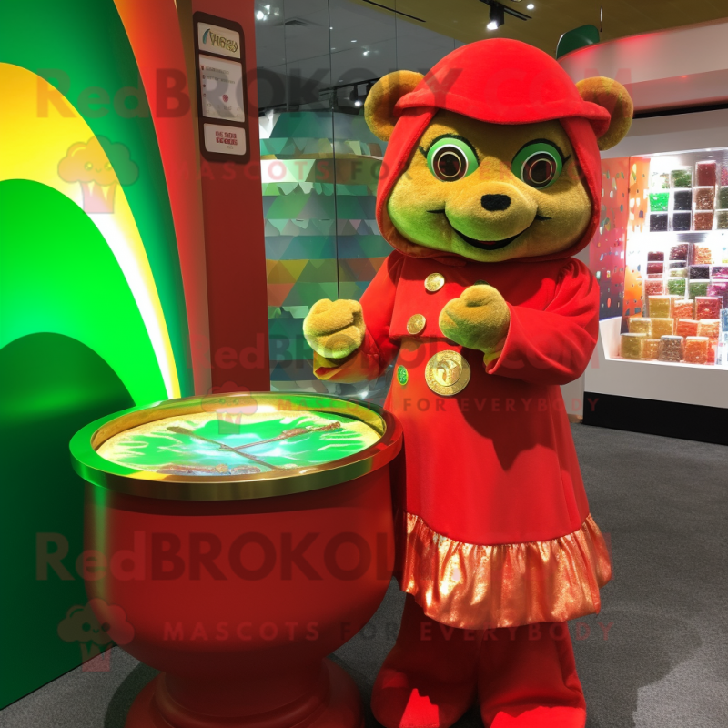 Red Pot Of Gold mascot costume character dressed with a Cover-up and Hairpins Red Pot Of Gold mascot costume character dressed with a Cover-up and Hairpins