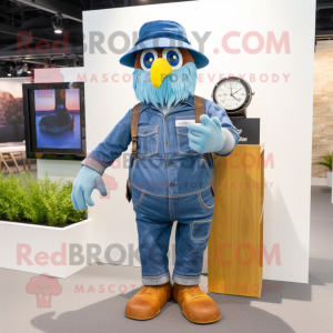 Navy Scarecrow mascot costume character dressed with a Denim Shirt and Smartwatches