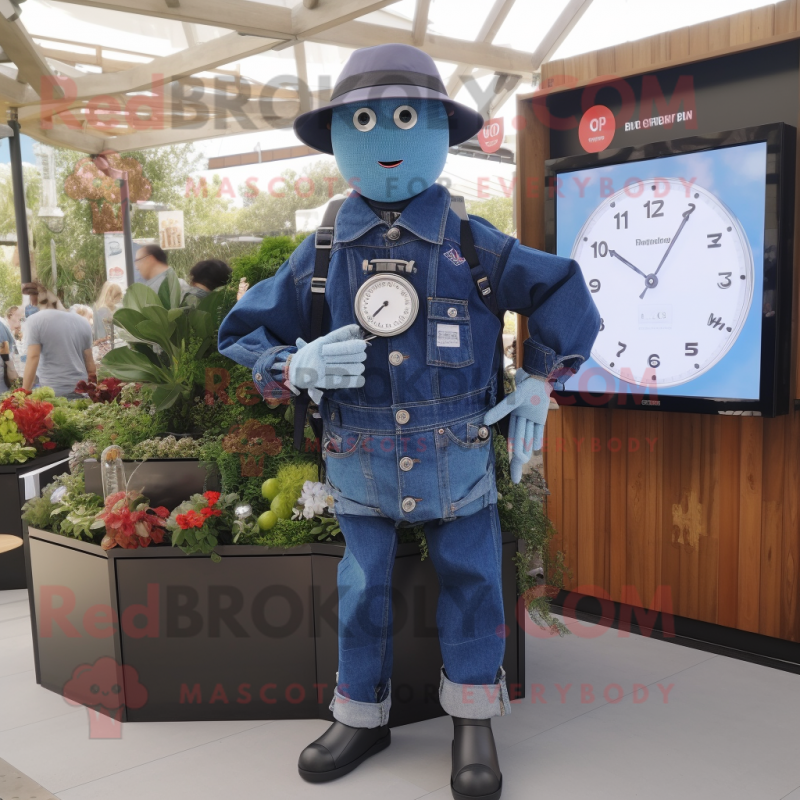 Navy Scarecrow mascot costume character dressed with a Denim Shirt and Smartwatches