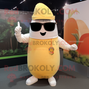 Cream Mango mascot costume character dressed with a Long Sleeve Tee and Sunglasses