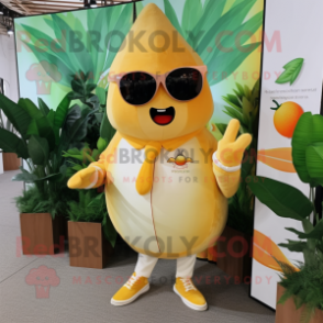 Cream Mango mascot costume character dressed with a Long Sleeve Tee and Sunglasses