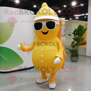 Cream Mango mascot costume character dressed with a Long Sleeve Tee and Sunglasses