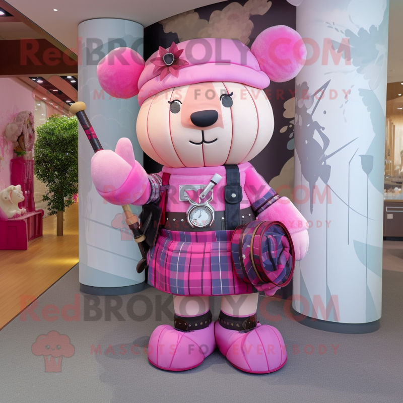 Pink Bagpipe mascot costume character dressed with a Romper and Handbags Pink Bagpipe mascot costume character dressed with a Romper and Handbags