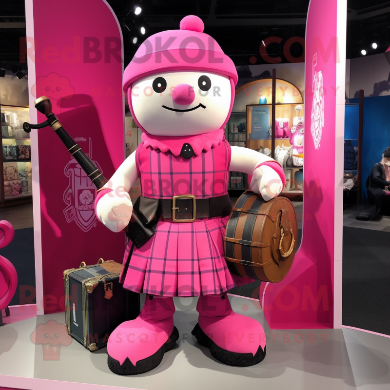 Pink Bagpipe mascot costume character dressed with a Romper and Handbags Pink Bagpipe mascot costume character dressed with a Romper and Handbags