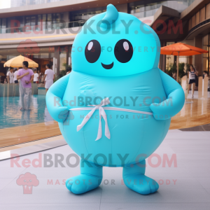 Cyan Dim Sum mascot costume character dressed with a Swimwear and Belts