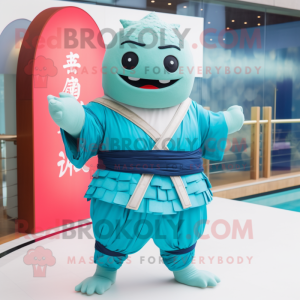 Cyan Dim Sum mascot costume character dressed with a Swimwear and Belts