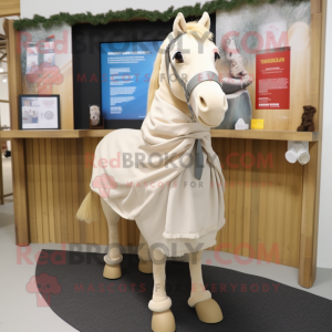 Beige Mare mascot costume character dressed with a Culottes and Shawl pins