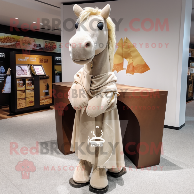 Beige Mare mascot costume character dressed with a Culottes and Shawl pins Beige Mare mascot costume character dressed with a Culottes and Shawl pins
