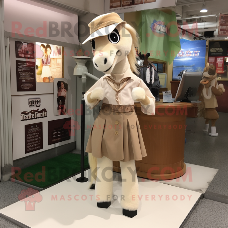 Beige Mare mascot costume character dressed with a Culottes and Shawl pins Beige Mare mascot costume character dressed with a Culottes and Shawl pins