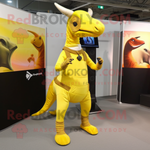Yellow Parasaurolophus mascot costume character dressed with a Leggings and Hats