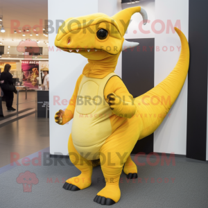 Yellow Parasaurolophus mascot costume character dressed with a Leggings and Hats