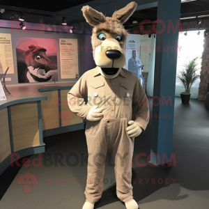 Beige Donkey mascot costume character dressed with a Henley Shirt and Shoe laces