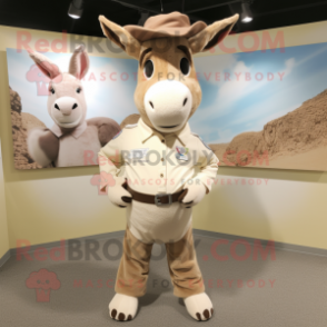 Beige Donkey mascot costume character dressed with a Henley Shirt and Shoe laces