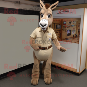 Beige Donkey mascot costume character dressed with a Henley Shirt and Shoe laces