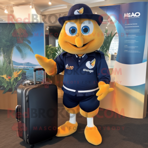 Navy Mango mascot costume character dressed with a Rugby Shirt and Briefcases