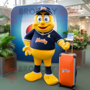 Navy Mango mascot costume character dressed with a Rugby Shirt and Briefcases