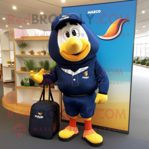 Navy Mango mascot costume character dressed with a Rugby Shirt and Briefcases