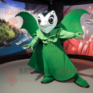Forest Green Manta Ray mascot costume character dressed with a Circle Skirt and Gloves