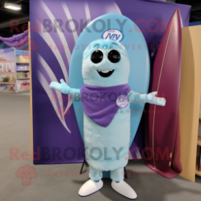 Lavender Surfboard mascot costume character dressed with a V-Neck Tee and Scarves
