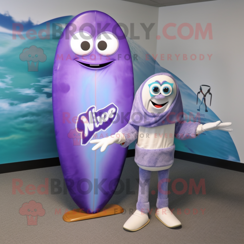 Lavender Surfboard mascot costume character dressed with a V-Neck Tee and Scarves Lavender Surfboard mascot costume character dressed with a V-Neck Tee and Scarves