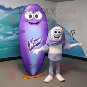 Lavender Surfboard mascot costume character dressed with a V-Neck Tee and Scarves