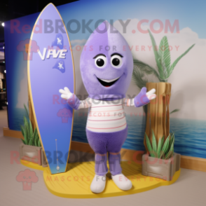 Lavender Surfboard mascot costume character dressed with a V-Neck Tee and Scarves