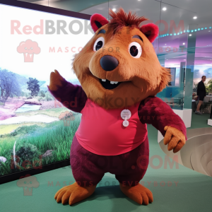 Maroon Capybara mascot costume character dressed with a Playsuit and Hair clips