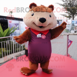 Maroon Capybara mascot costume character dressed with a Playsuit and Hair clips