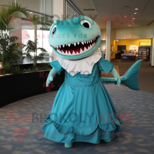 Turquoise Megalodon mascot costume character dressed with a Pleated Skirt and Ties