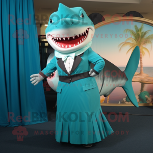 Turquoise Megalodon mascot costume character dressed with a Pleated Skirt and Ties