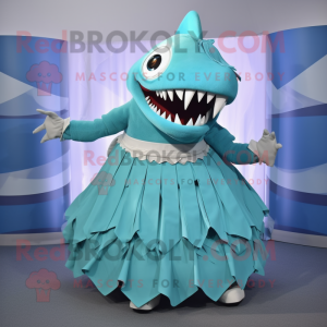 Turquoise Megalodon mascot costume character dressed with a Pleated Skirt and Ties
