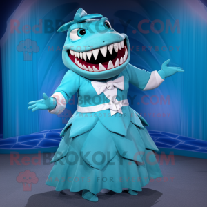 Turquoise Megalodon mascot costume character dressed with a Pleated Skirt and Ties