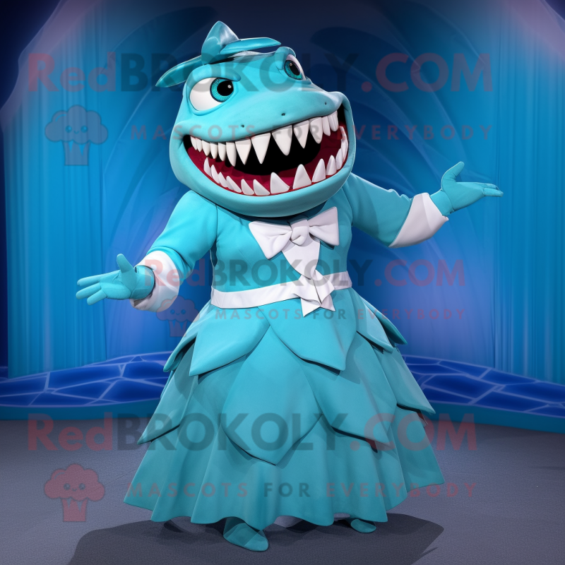 Turquoise Megalodon mascot costume character dressed with a Pleated Skirt and Ties Turquoise Megalodon mascot costume character dressed with a Pleated Skirt and Ties