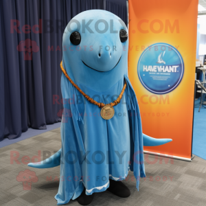 Rust Narwhal mascot costume character dressed with a Swimwear and Shawl pins