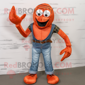 Rust Lobster mascot costume character dressed with a Flare Jeans and Tie pins