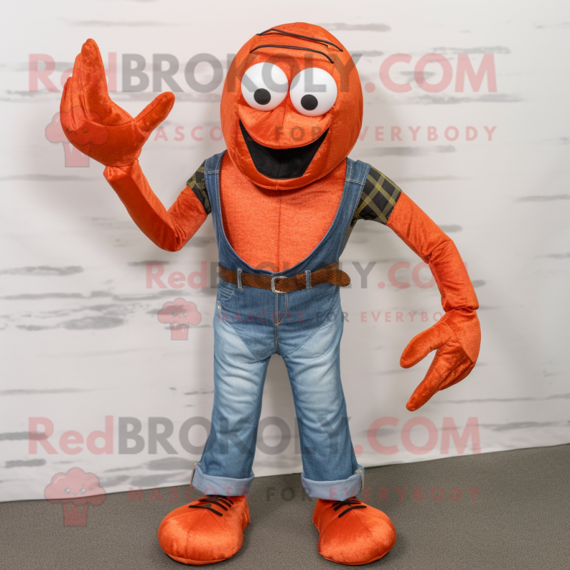 Rust Lobster mascot costume character dressed with a Flare Jeans and Tie pins Rust Lobster mascot costume character dressed with a Flare Jeans and Tie pins