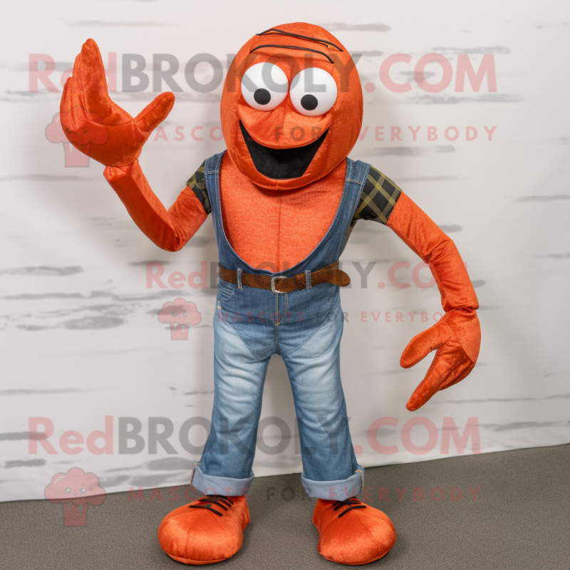 Rust Lobster mascot costume character dressed with a Flare Jeans and Tie pins