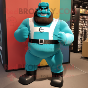 Teal Strongman mascot costume character dressed with a A-Line Dress and Belts