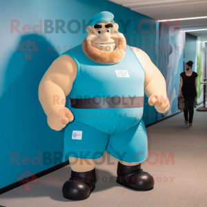 Teal Strongman mascot costume character dressed with a A-Line Dress and Belts