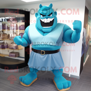 Teal Strongman mascot costume character dressed with a A-Line Dress and Belts