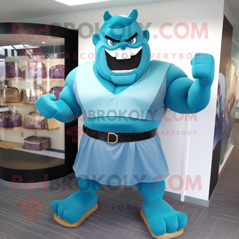 Teal Strongman mascot costume character dressed with a A-Line Dress and Belts Teal Strongman mascot costume character dressed with a A-Line Dress and Belts