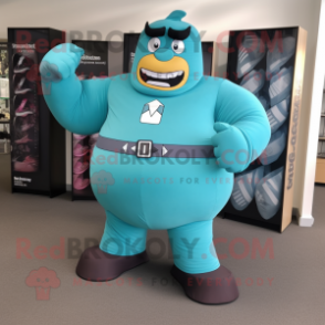 Teal Strongman mascot costume character dressed with a A-Line Dress and Belts