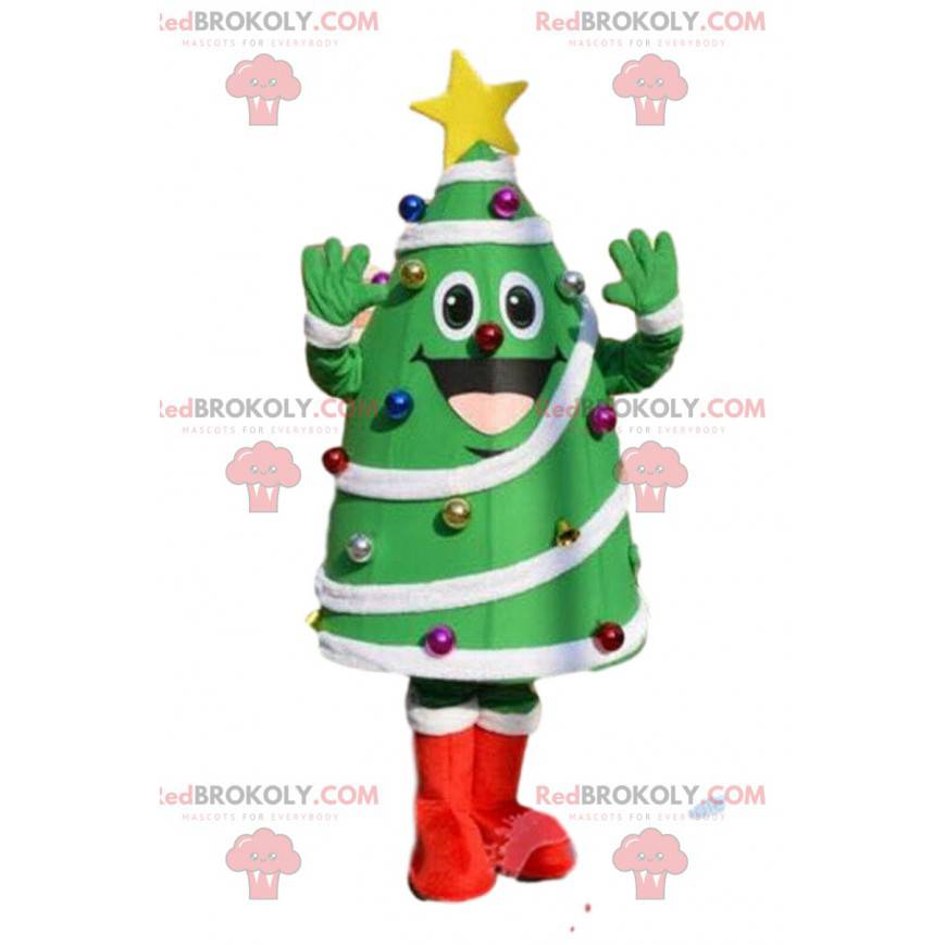 Mascote decorado com árvore de Natal verde, fantasia de árvore Mascote decorado com árvore de Natal verde, fantasia de árvore