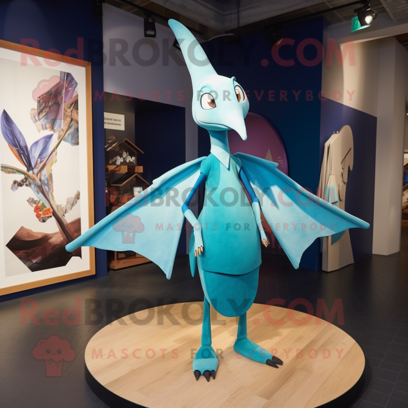 Cyan Pterodactyl mascot costume character dressed with a Mini Dress and Wraps