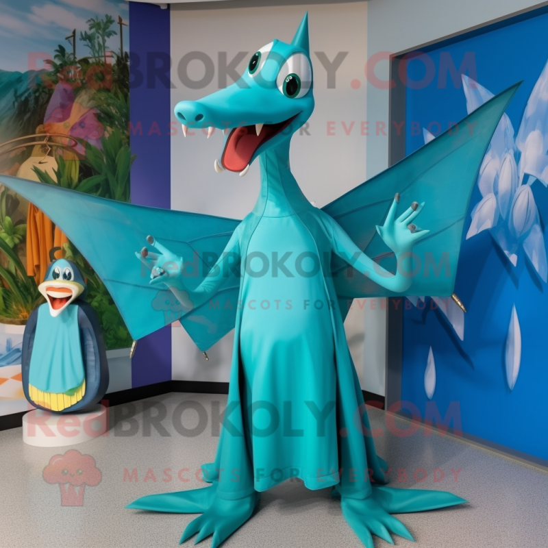 Cyan Pterodactyl mascot costume character dressed with a Mini Dress and Wraps