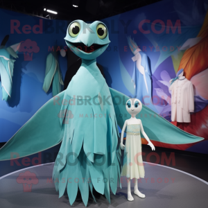 Cyan Pterodactyl mascot costume character dressed with a Mini Dress and Wraps