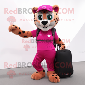 Magenta Cheetah mascot costume character dressed with a Cargo Pants and Messenger bags